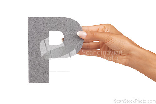 Image of Hands, font and capital letter P in studio isolated on a white background mockup space. Fingers, alphabet and closeup of sign for typo, communication or learning language, character or uppercase icon