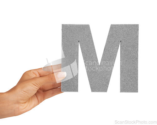 Image of Hands, font and capital letter M in studio isolated on a white background mockup space. Fingers, alphabet or closeup of sign for typography, communication or learning language, character or show icon
