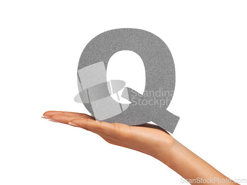 Image of Woman, hand and letter Q or font in studio for advertising, learning or teaching presentation. Sign, alphabet or character for marketing, text or communication and grammar symbol on white background