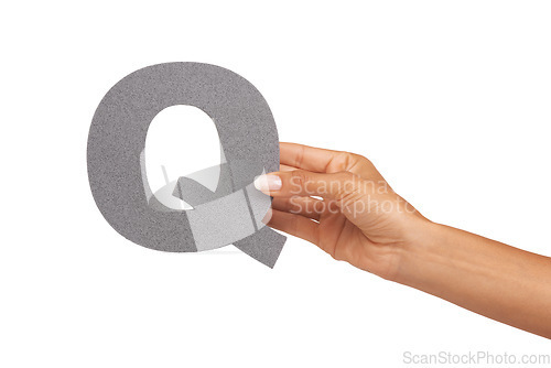 Image of Hand, capital letter and spelling q in studio and education or alphabet by white background. Text, language and learning or font in mockup, words and knowledge or development, literacy and english