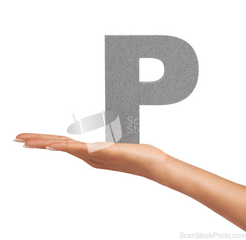 Image of Woman, hand and letter P or alphabet in studio for marketing, learning or teaching presentation. Sign, font or character for icon, text or communication and grammar or symbol on white background