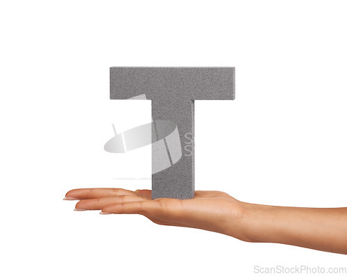 Image of Woman, hand and letter T or alphabet in studio for advertising, learning and teaching presentation. Sign, font and character for text and communication or grammar and symbol on white background