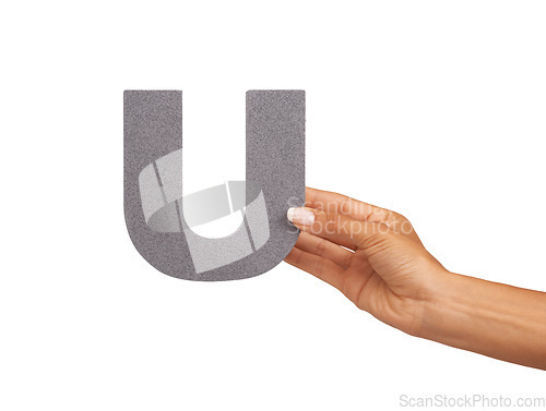 Image of Hands, alphabet and capital letter U in studio isolated on a white background. Fingers, font and closeup of sign for typography, communication or learning language, character or show uppercase icon