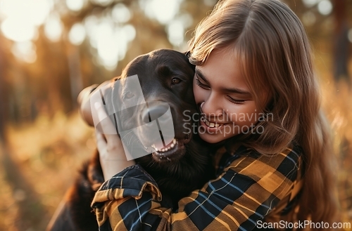 Image of Girl Hugging Dog in the Woods, Heartwarming Moment of Connection and Love