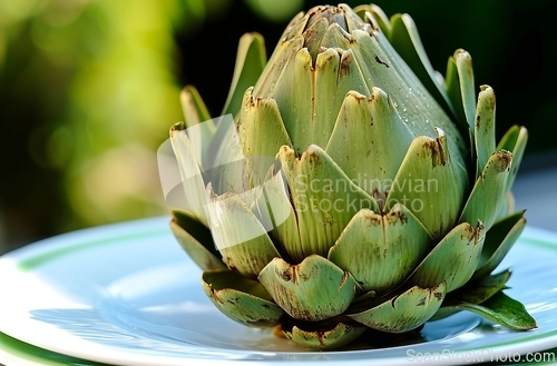 Image of Green Artichoke on Blue and White Plate - Fresh Organic Vegetable Decoration Concept