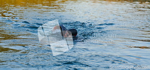 Image of Triathlon athlete swimming on lake in sunrise wearing wetsuit