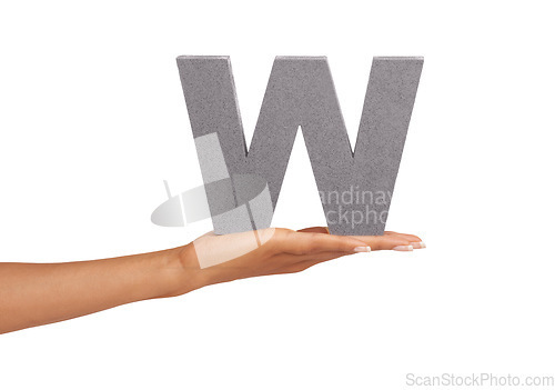 Image of Woman, hand and letter w or alphabet in studio for advertising, learning or teaching on mock up. Sign, font or character for marketing, text or communication and grammar or symbol on white background