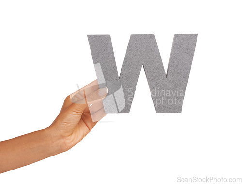Image of Hands, font and capital letter w in studio isolated on a white background mockup space. Fingers, alphabet and closeup of sign for typo, communication or learning language, character or uppercase icon