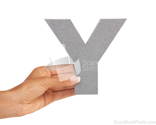 Image of Hands, alphabet and capital letter Y in studio isolated on a white background mockup. Person, font and closeup of sign for typo, communication or learning language, character or show uppercase icon