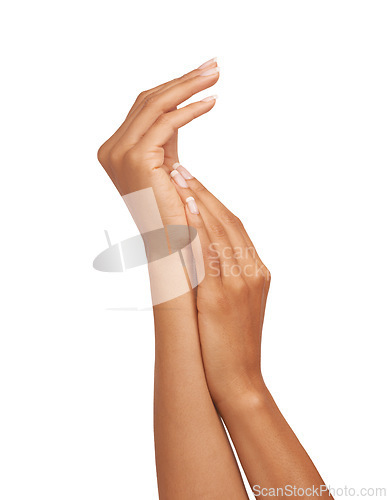 Image of Woman, hand and palm in studio with skincare for cosmetics, manicure and nail treatment for wellness. Person, fingers or mock up space for cosmetology, moisturiser and smooth skin on white background