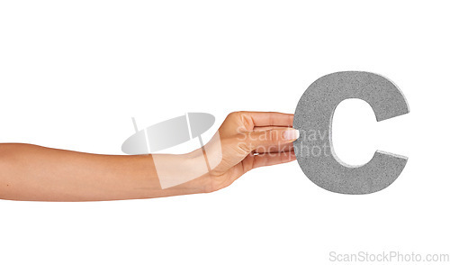 Image of Hands, font and capital letter c in studio isolated on a white background mockup space. Fingers, alphabet and closeup of sign for typo, communication or learning language, character or uppercase icon