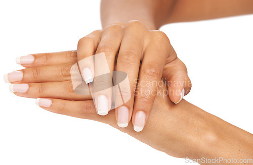 Image of Woman, hand and nails in studio with manicure for cosmetics, skincare or nail treatment for wellness. Person, fingers or mock up space for cosmetology, moisturiser and smooth skin on white background