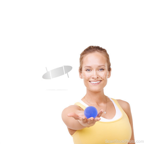 Image of Stress ball, portrait and woman in studio for mindful, fitness and arm exercise with smile. Happy, sport equipment and young female person from Canada with anxiety relief isolated by white background