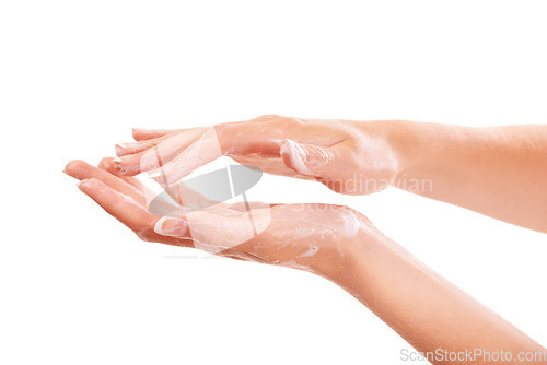 Image of Sanitary, soap and closeup of washing hands in studio for hygiene, wellness or self care. Cosmetic, foam and zoom of person or model clean skin to prevent germs, bacteria or dirt by white background.