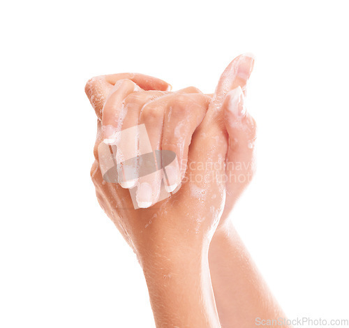 Image of Wellness, soap and closeup of washing hands in studio for hygiene, health or self care. Grooming, cosmetic and zoom of person or model clean skin to prevent germ, bacteria or dirt by white background