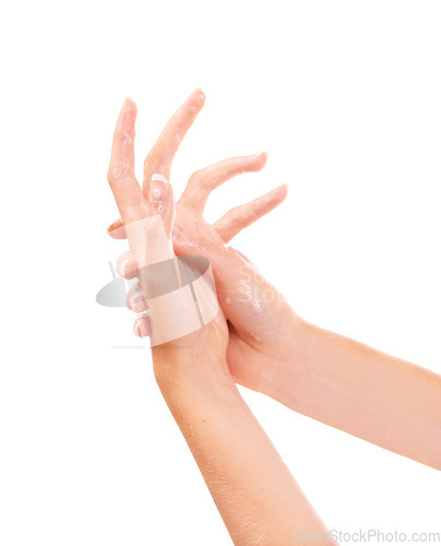 Image of Health, foam and closeup of washing hands in studio for hygiene, wellness or self care. Grooming, soap and zoom of person or model clean skin to prevent germs, bacteria or dirt by white background.