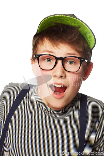 Image of Portrait, glasses and boy with surprise, announcement and news isolated on a white studio background. Face, person and model with eyewear, hat and shocked with opportunity, facial expression and kid