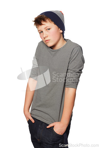 Image of Teenager boy, fashion and studio portrait with hands in jeans pockets, trendy style and beanie by white background. Person, kid or child model with edgy clothes, cool streetwear or confidence on face