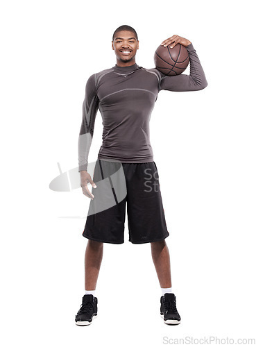 Image of Sports, smile and portrait of black man with basketball, confidence and pride in body muscle workout. Fitness, wellness and health, happy professional athlete with ball isolated on white background.