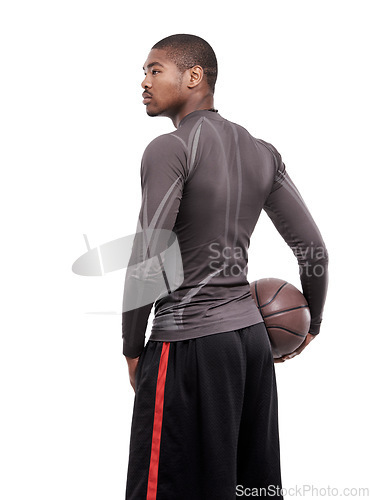 Image of Fitness, confidence and black man with basketball, body and muscle workout game from back. Sports wellness, health challenge and serious professional athlete with ball isolated on white background.