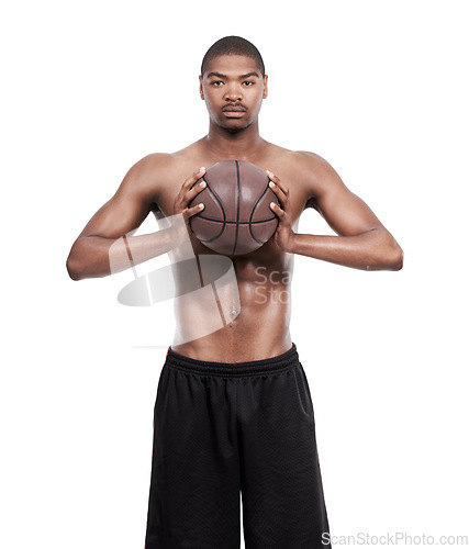 Image of Fitness, pride and portrait of black man with basketball, six pack and shirtless body muscle workout challenge. Sports wellness, health and professional athlete with ball isolated on white background