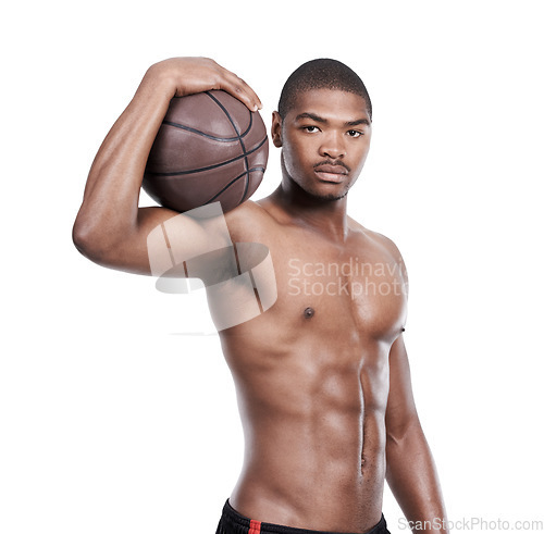 Image of Fitness, face and portrait of black man with basketball, six pack and shirtless body muscle workout. Sports wellness, health and confident professional athlete with ball isolated on white background.