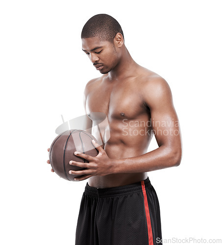 Image of Fitness, thinking and black man with basketball, challenge and shirtless for body muscle workout. Sports wellness, health and confident professional athlete with ball isolated on white background.