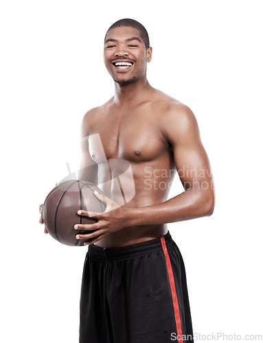 Image of Fitness, smile and portrait of black man with basketball, six pack and shirtless body muscle workout. Sports wellness, health and happy professional athlete with ball isolated on white background.