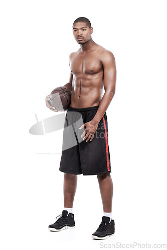 Image of Fitness, gym and portrait of black man with basketball, six pack and shirtless for body muscle workout. Sports wellness, health and serious professional athlete with ball isolated on white background