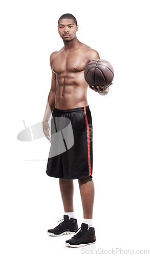 Image of Fitness, body and black man with basketball, six pack and shirtless for muscle workout, game or challenge. Sports wellness, health and professional athlete with ball isolated on white background.