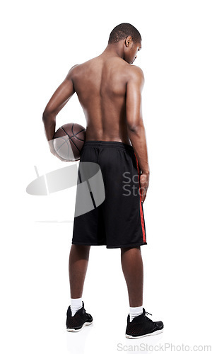 Image of Man, basketball player and standing for workout, back and shirtless on white background, confident and game. Studio backdrop, fit and sportsman for exercise, health and african active athlete