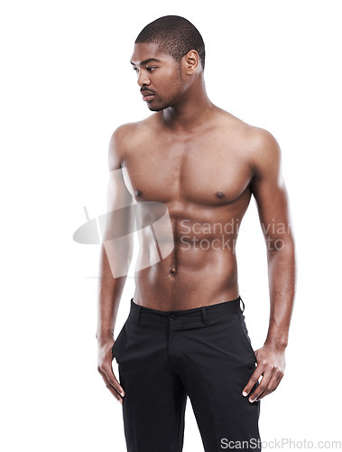 Image of Man, model and shirtless for fitness, six pack and standing on white background, confident and abs. Studio backdrop, fit and attractive for exercise, health and muscular for posing, stomach and chest