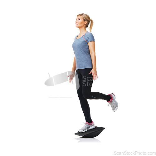 Image of Balance board, fitness and woman with training, exercise and wellness isolated on white studio background. Person, mockup space and model with equipment, workout and progress with challenge or health