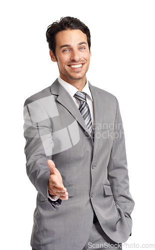 Image of Business man, portrait and offer handshake in studio for welcome, recruitment and introduction on white background. Happy worker shaking hands for networking, HR deal and thank you for b2b agreement