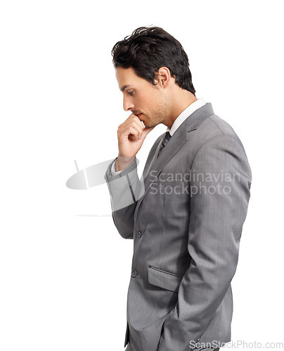 Image of Business man, doubt and thinking in studio of choice, problem solving and brainstorming idea on mockup white background. Profile, serious worker or dream of decision, solution or insight of questions