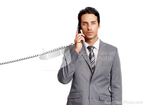 Image of Portrait, business man and telephone conversation, listen and communication. Face, professional speaking on landline and chat, serious and lawyer isolated on a white studio background mockup space