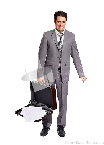 Image of Stress, angry and business man with briefcase fail in studio frustrated on white background. Burnout, pressure and male entrepreneur by crisis, disaster or overwhelmed by deadline or report mistake