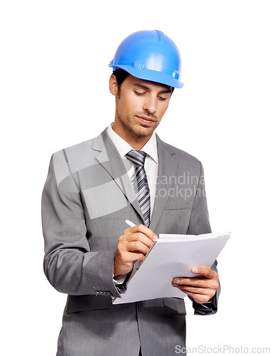 Image of Construction, man and writing notes in studio for project management, planning architecture and engineering checklist on white background. Corporate contractor, manager and inspection paper documents