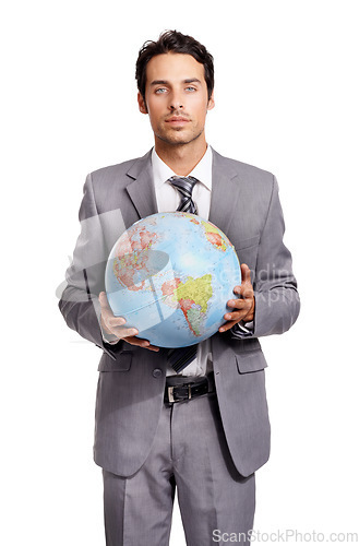 Image of Portrait, business man and globe, planet or worldwide travel agent isolated on a white studio background. Vacation, professional suit and earth map for geography, international journey and serious