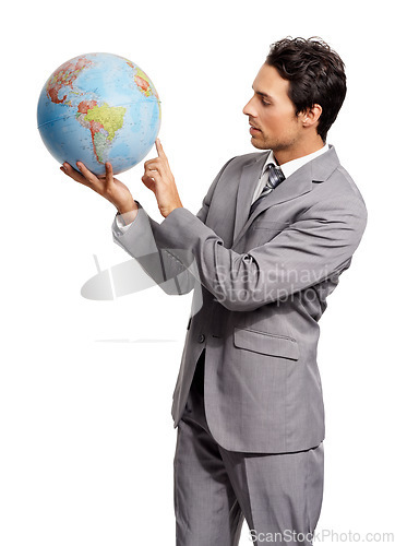 Image of Business man on globe, choice to travel or worldwide destination isolated onwhite studio background. Vacation, professional suit and agent pointing at earth map for geography or international journey