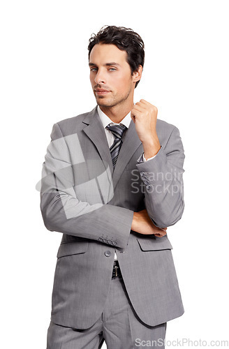 Image of Thinking, portrait and business man in studio with questions on white background. Doubt, face and male entrepreneur with asking body language, waiting or wondering about solution and problem solving