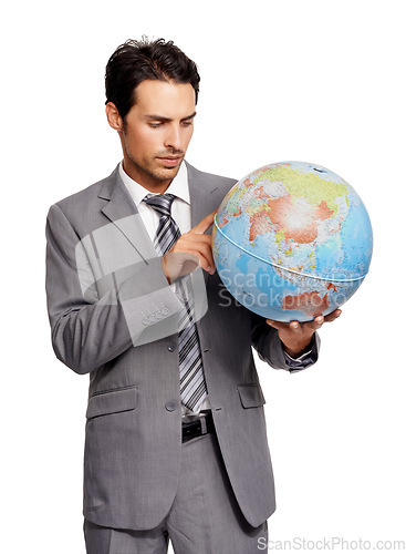 Image of Travel, business man and globe, earth or worldwide destination isolated on a white studio background. Agent, professional suit and planet map for geography, pointing and international journey choice