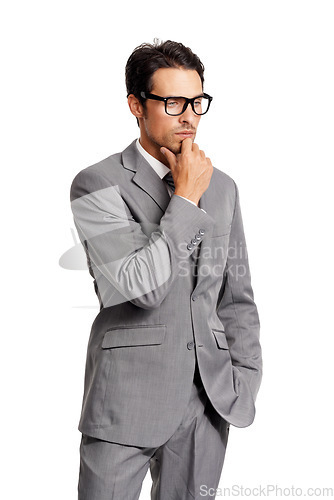 Image of Thinking, why and business man in studio with questions on white background. Doubt, face and male entrepreneur with asking body language, waiting or wondering about solution and problem solving