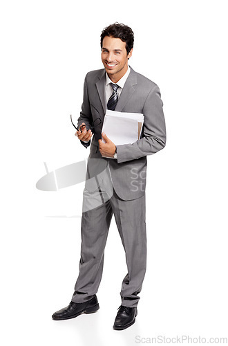 Image of Happy, businessman and portrait with paperwork for finance and accounting in white background of studio. Corporate, accountant and employee with contract, documents and man with a smile and glasses