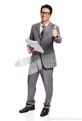 Image of Paper, portrait and business man with thumbs up in studio for yes, agreement or support on white background. Documents, face and male financial advisor with hand emoji for success, thank you or deal