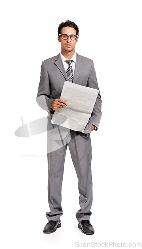 Image of Business man, newspaper and portrait in studio for stock market information, financial report and article on white background. Corporate trader, broker or reading print media, document and newsletter