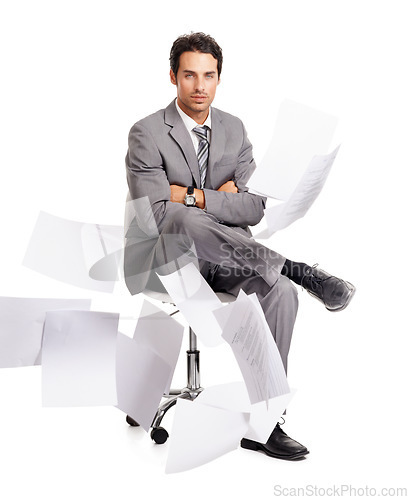 Image of Portrait, arms crossed or business man with paperwork isolated on white studio background. Documents in air, serious professional or calm in stress on chair, confident corporate accountant or auditor