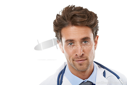 Image of Doctor, man and portrait in studio with pride and positive in medical career as cardiologist. Specialist face and man as medicine consultant, care and healthcare employee in trust by white background