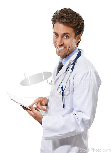 Image of Doctor, portrait and studio with clipboard, healthcare information and medicine notes with stethoscope. Specialist, face and consultant for health insurance, referral and trust by white background