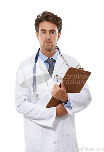 Image of Doctor, portrait and studio with clipboard, serious and pride with healthcare information with medicine notes. Specialist, man and face for health insurance, consultant and trust by white background